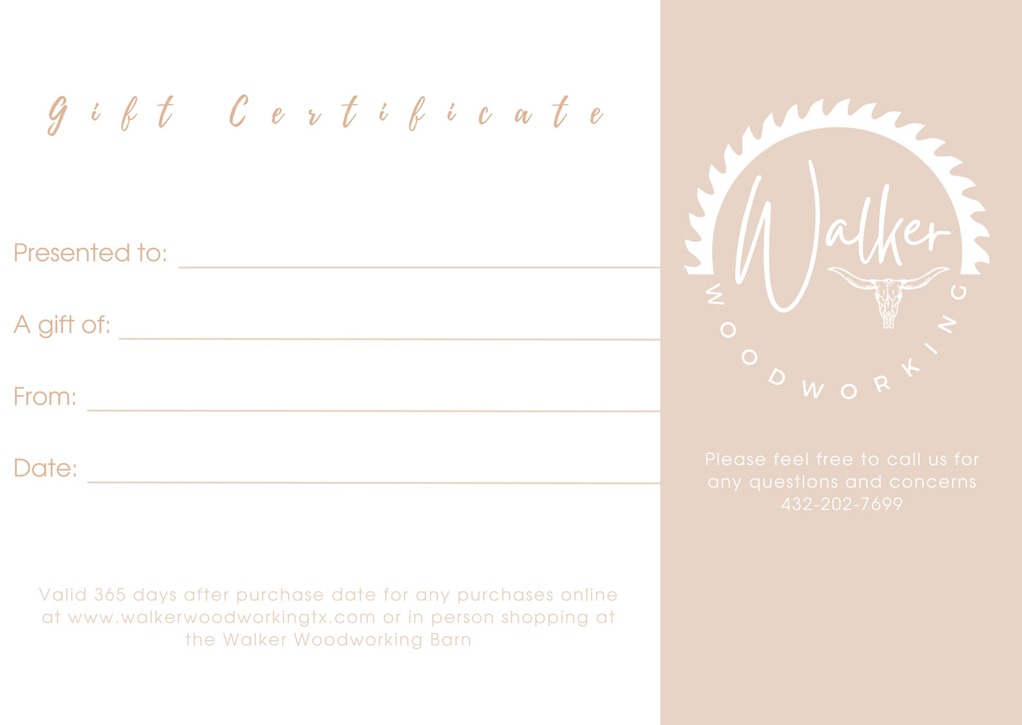 Walker Woodworking Gift Certificate